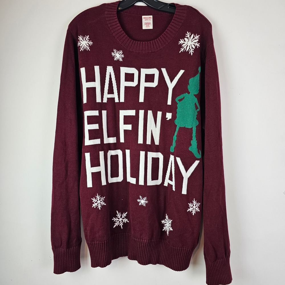 Mossimo Happy Elfin Holiday Christmas Sweater Burgundy XL Athletic Fit Cotton